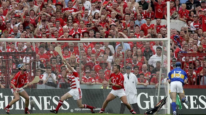 Cork’s Donal Óg Cusack saves a penalty from Tipperary’s Eoin Kelly in the 2005 Munster final. Cusack admits he swapped sliotars on this occasion. Photograph: Morgan Treacy/Inpho