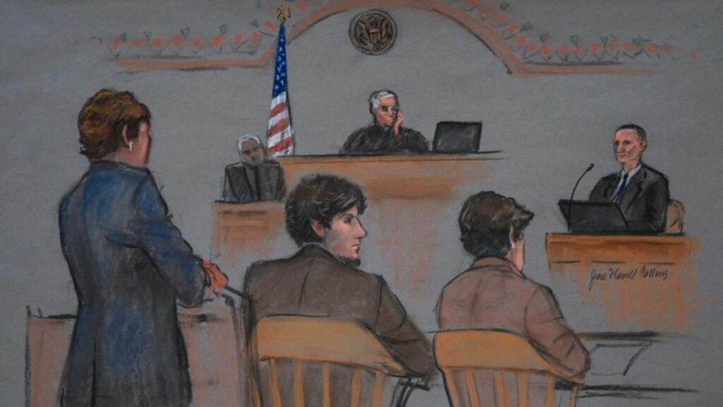 An artist’s sketch shows defendant Dzhokhar Tsarnaev as he and his attorney’s listen to testimony on the second day of the trial of suspected Boston Marathon Bomber Tsarnaev. Photograph: Jane Falvell/EPA