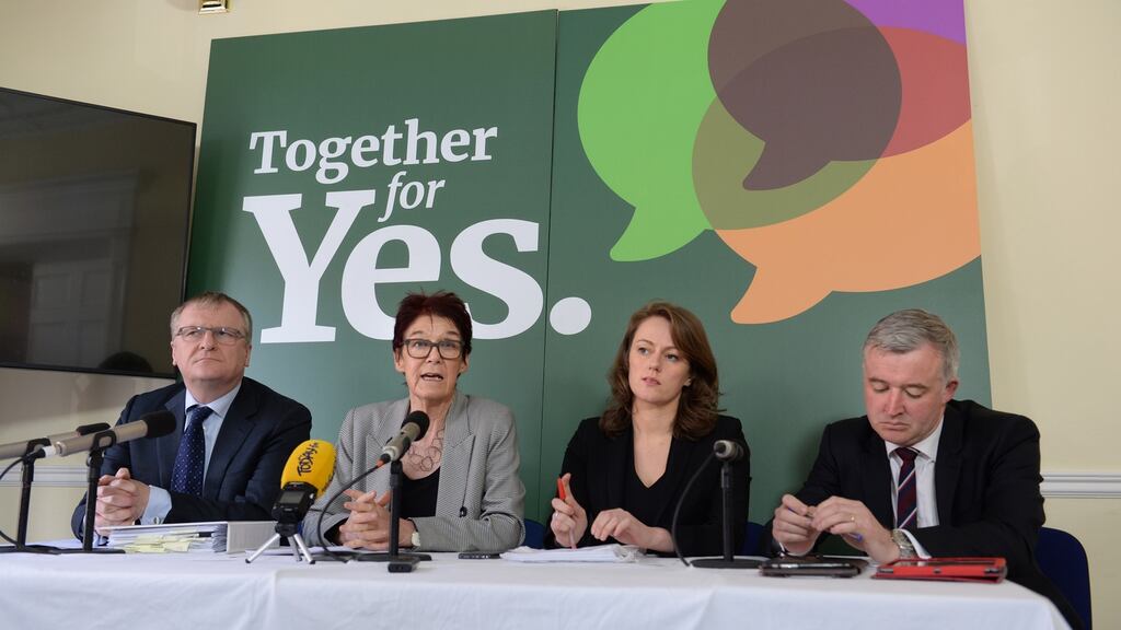 Peter Ward, SC, Ailbhe Smyth, Co- Director of Together for Yes, Grainne Gilmore, BL and Liam Herrick, ICCL, attending a Lawyers for Yes press conference. Photograph: Dara Mac Dónaill/The Irish Times.
