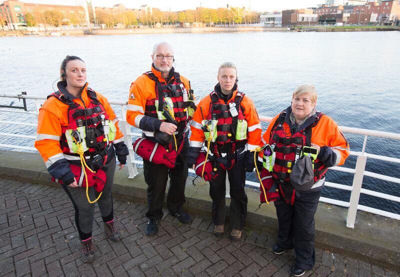 Limerick Suicide Watch volunteers on patrol on the River Shannon around Limerick. Kaoife McElligott, Tom Sheahan, Kate Flynn and Joan Forde. Photograph: Liam Burke/Press 22