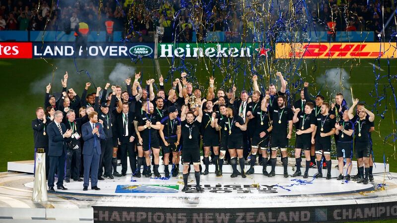 The All Blacks celebrate their 2015 Rugby World Cup triumph at Twickenham. Photograph: Stu Forster/Getty