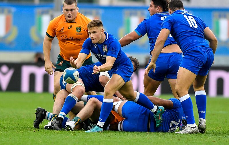 Stephen Varney in action for Italy in the win over Australia during last November's Autumn Nations Series clash at the Stadio Artemio Franchi, Florence, 'Ireland this week are the best team in the world at the moment, so it will be tough. But we are going to go out there and believe that we can do it.' Photograph: Luca Sighinolfi/Inpho