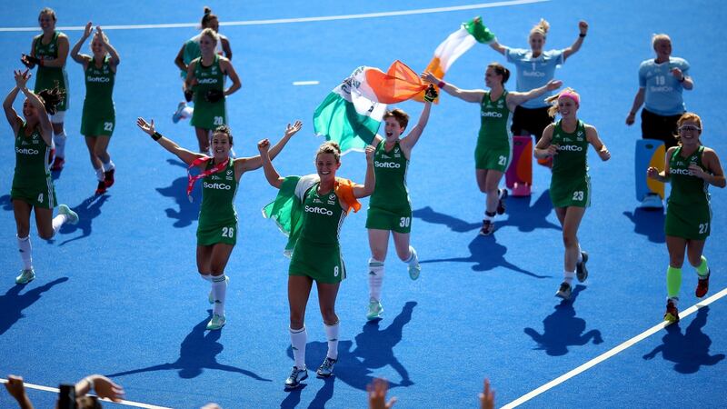 Ireland’s women after their victory over Spain. Photograph: Steven Paston/PA Wire