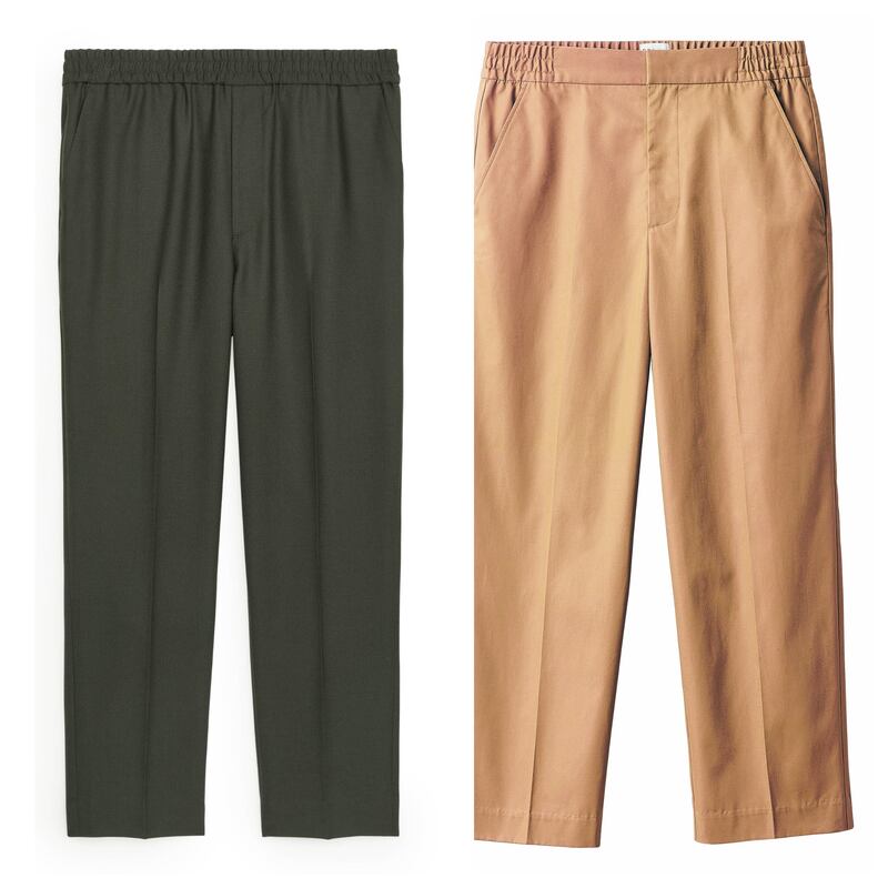 Right: Wool blend trousers, €89, Arket; Left: Trousers, €39.99, H+M