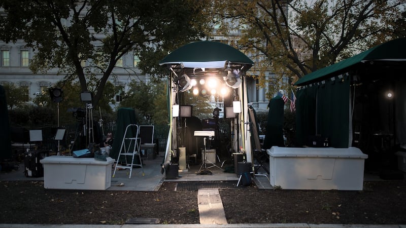 A media tent on the North Lawn driveway, outside the White House. President Donald Trump spends at least four hours a day, and sometimes as much as twice that, in front of a television. Photograph: Tom Brenner/The New York Times