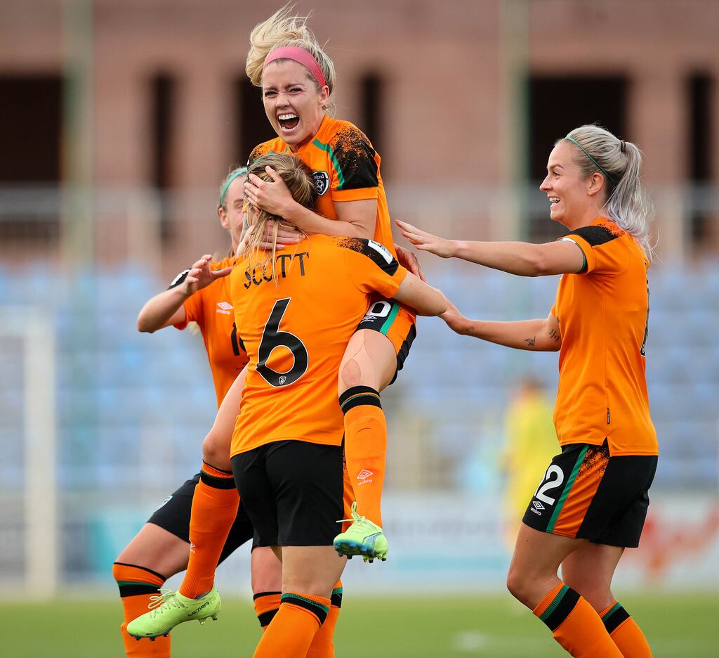 Ireland’s Denise O'Sullivan celebrates scoring the first goal of the game with her team-mates during the Women's World Cup qualifier against Slovakia in Senec. Photograph: Ryan Byrne/Inpho