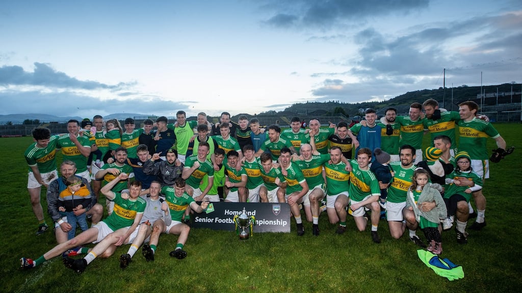 Tourlestrane celebrate with the trophy after retianing their Sligo SFC Title with victory over Coolera-Strandhill at  Markievicz Park. Photograph: Ryan Byrne/Inphi