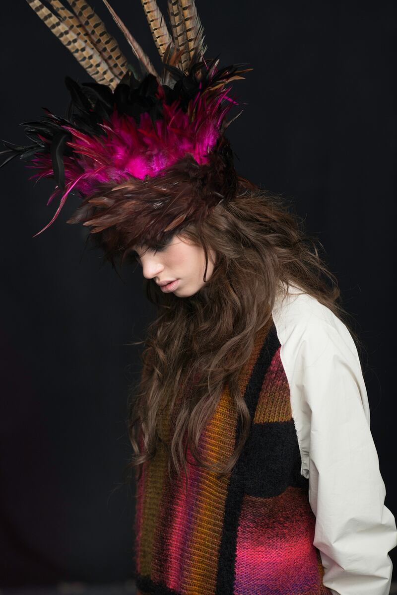 Bird hunter hat €550, white PU-coated cotton trouser with ribbon stripe €200, knit kayak anorak €600