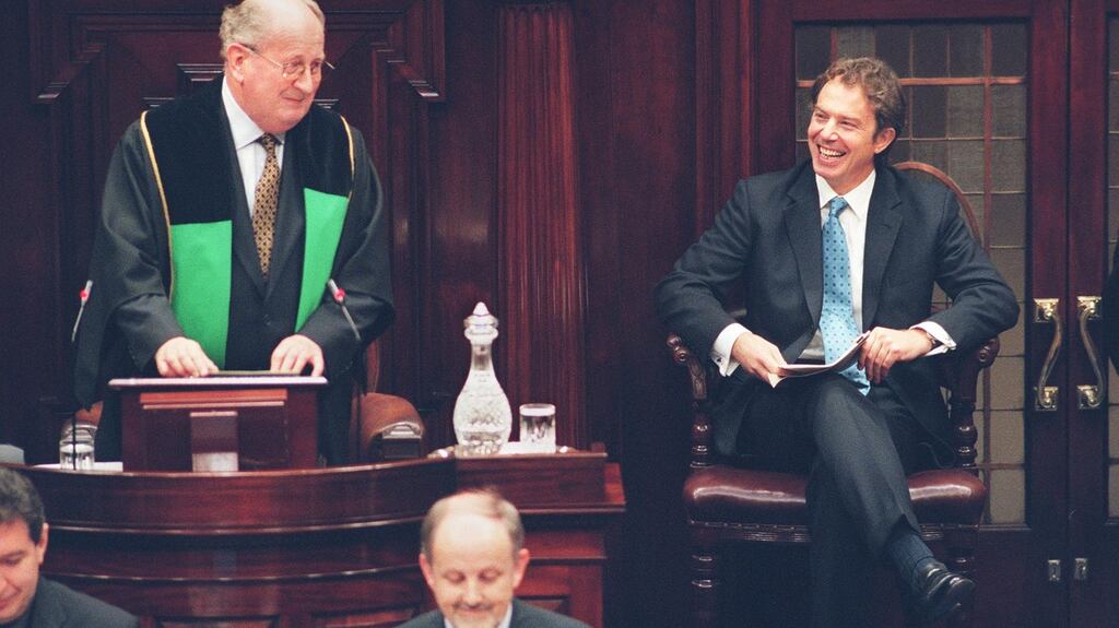The British prime minister Tony Blair listens to the Ceann Comhairle Sáamus Pattison before addressing the joint houses of the Oireachtas at Leinster House in November 1998. Photograph: Frank Miller