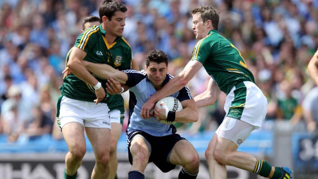 Dublin’s Bernard Brogan is surrounded by Meath defenders during the Leinster final. Photograph: Donall Farmer/Inpho