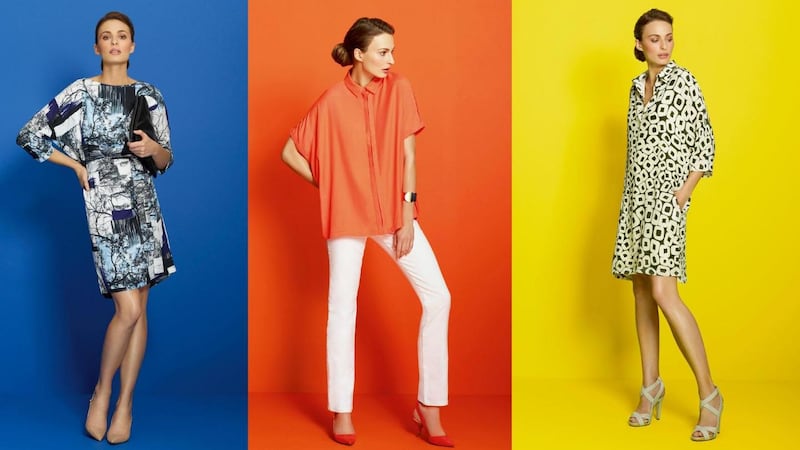 Above, left to right: tree-print dress (€208); orange shirt (€84), high-rise jeans (€104); silk shirt dress (€208). All by Mary Portas at House of Fraser