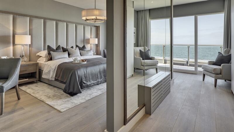 Principal bedroom in the corner penthouse at Marina Village. Greystones.
