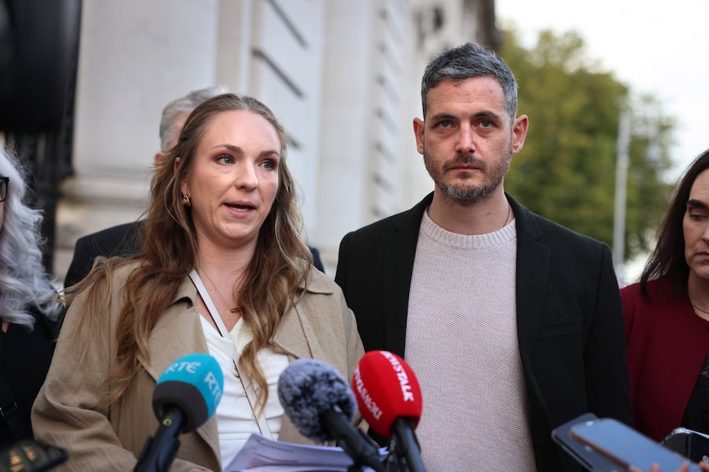 Gillian and Stephen, parents of Harvey Morrison Sherratt, following their meeting with Tanaiste Simon Harris and Minister for Health Jennifer Carroll MacNeill at Government Buildings, Dublin. Photograph: Dara Mac Dónaill