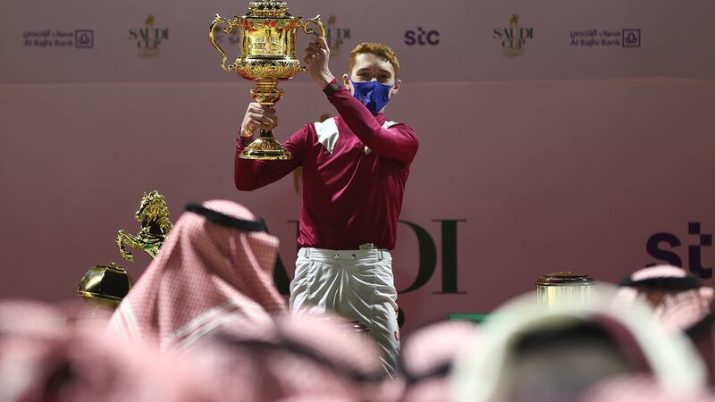 Winning Jockey David Egan celebrates after winning the Saudi Cup 2021 at King Abdulaziz Racecourse on Mishriff. Photograph: Francois Nel/Getty Images