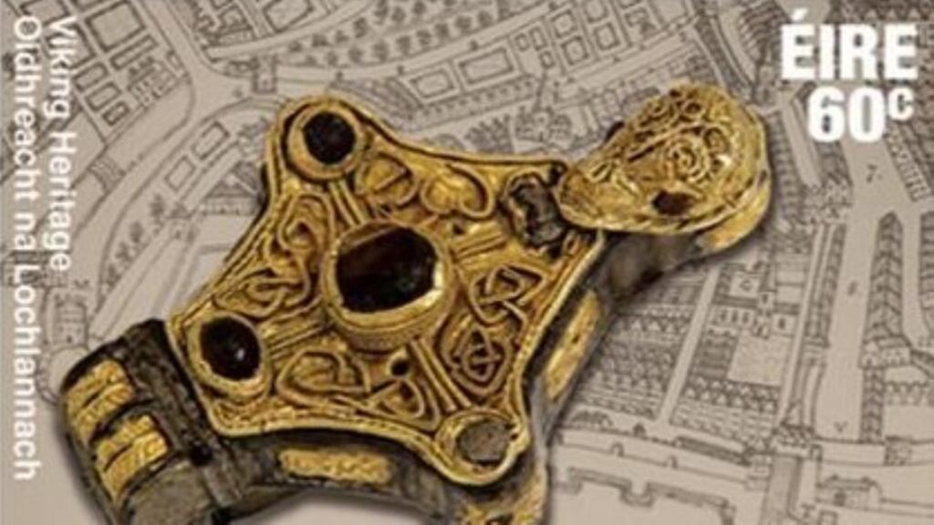 Stamp showing the Waterford Kite Brooch (c.1090), one of Ireland’s finest pieces of late 11th/early 12th century secular metalwork against a background map of Waterford City (both images courtesy of Waterford Treasures Museums).