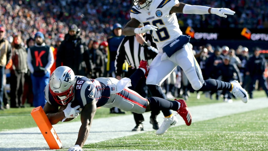 Sony Michel of the New England Patriots scores a touchdown during the first quarter of the AFC divisional playoff against the Los Angeles Chargers Game at Gillette Stadium in Foxborough, Massachusetts. Photograph: Adam Glanzman/Getty Images