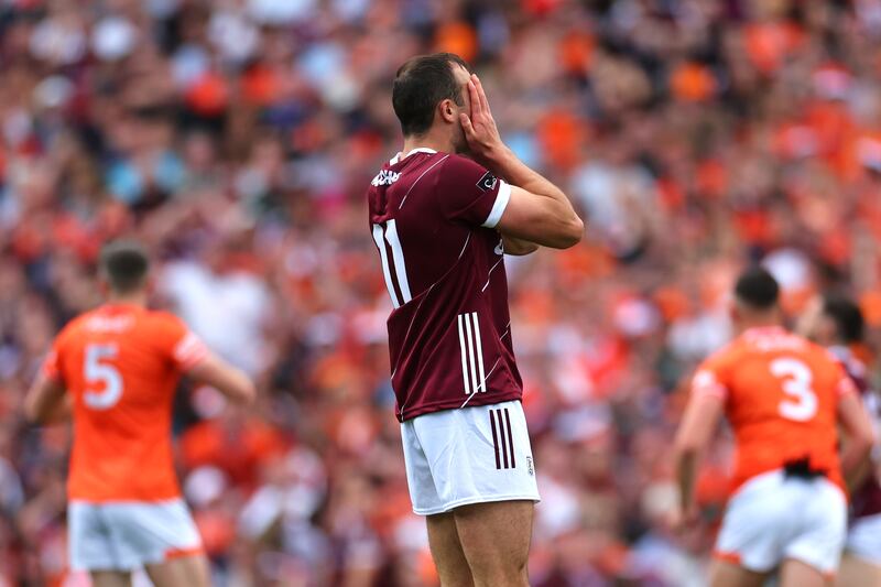 Galway’s John Maher dejected at the final whistle following defeat to Armagh at Croke Park. Photograph: James Crombie/Inpho