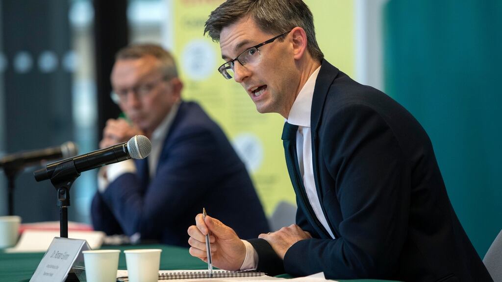 Dr Ronan Glynn, Acting Chief Medical Officer, Department of Health, and Dr Colm Henry, Chief Clinical Officer, HSE  at the media briefing on Thursday. Photograph: Collins