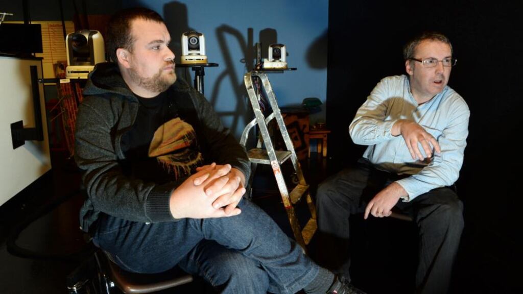 “What was interesting was that all the young people said, ‘I sound like a junkie’, and all the older people said, ‘I sound really common’. And that’s because they never hear their own accents on TV,” says DCTV’s Ciaran Moore (right) with Barry Lennon. Photograph: Cyril Byrne