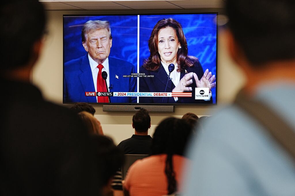 Donald Trump and Kamala Harris are seen on a screen during their recent US presidential debate. Photograph: Hiroko Masuike/The New York Times