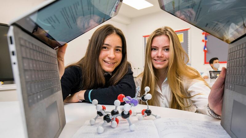 Nord Anglia Dublin International School students Chiara Lisa Carra and Elysia O’Leary with their project: ‘Smart Protective Sporting Gear’. Photograph: Chris Bellew/Fennell Photography