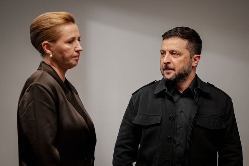Danish prime minister Mette Frederiksen meets with Ukraine's president Volodymyr Zelensky ahead of the 7th European Political Community Summit. Photograph: Mads Claus Rasmussen/ Ritzau Scanpix/ AFP via Getty Images