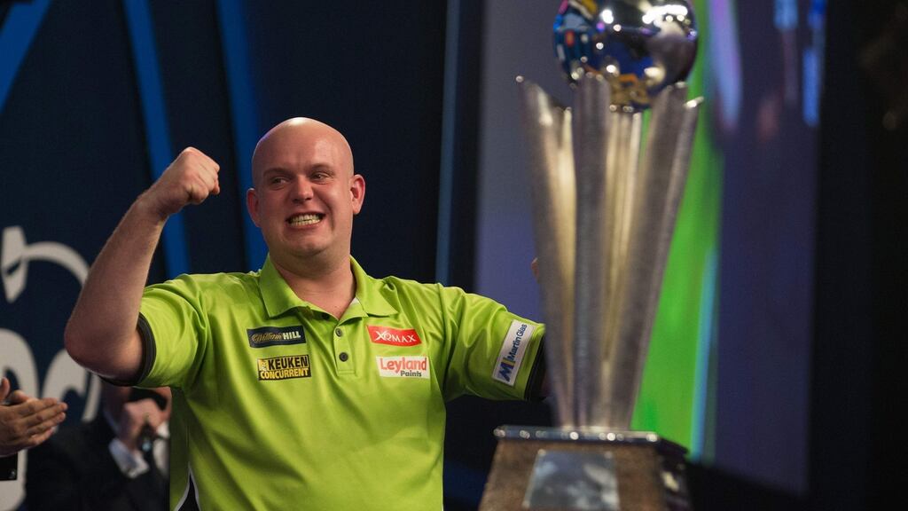 Netherlands’ Michael van Gerwen celebrates after his victory in the PDC World Championship darts final over Scotland’s Gary Anderson at Alexandra Palace in  London. Photograph: Daniel Leal-Olivas/AFP/Getty