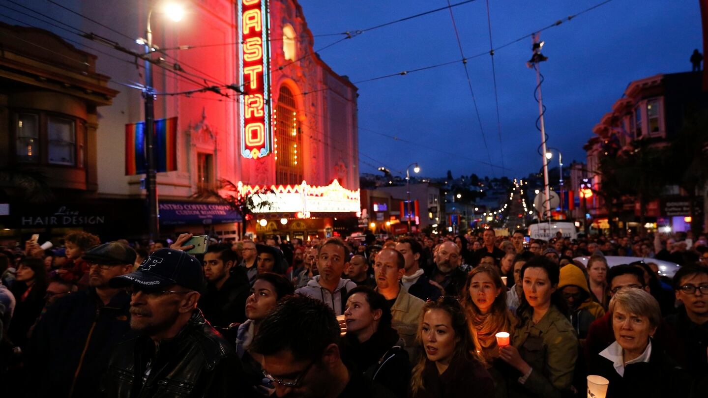 Residents of San Francisco and the Bay Area gather to mourn the victims of the Orlando shooting. Photograph: John G Mabanglo/EPA