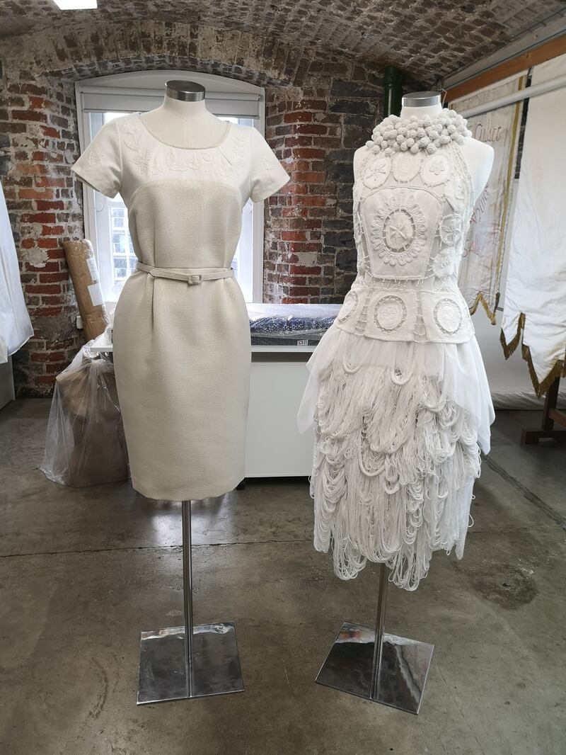 Examples of Mountmellick white-on-white lacemaking in garments by contemporary designers Heidi Higgins and Caroline Mitchell, on show at the town's embroidery and heritage museum