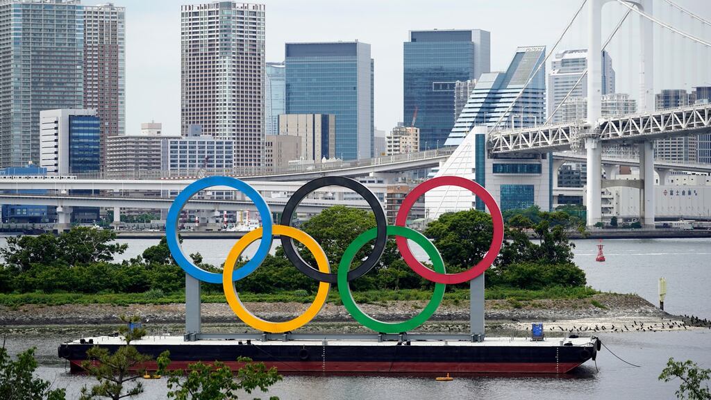 A giant Olympic rings monument is seen at Odaiba Marine Park in Tokyo. Photo: Franck Robichon/EPA