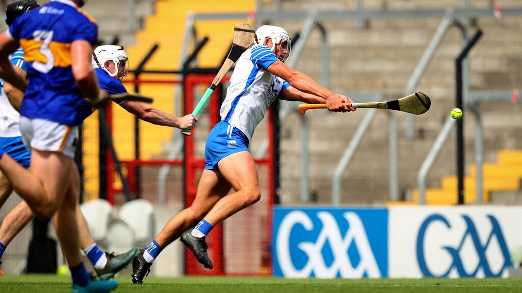 Waterford’s Neil Montgomery scores his side’s fourth goal during the All-Ireland SHC semi-final against Tipperary at Páirc Uí Chaoimh. Photograph: Ryan Byrne/Inpho