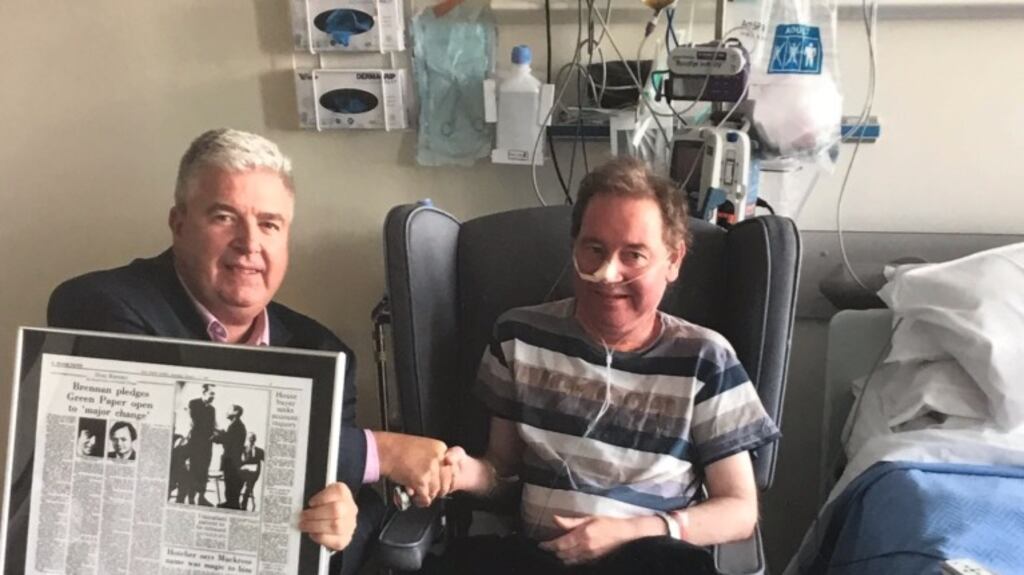 Pictured in 2017 is Philip Watt, chief executive, Cystic Fibrosis Ireland, making a presentation to Brendan McLaughlin marking the 25th anniversary of his transplant at the Freeman Hospital in Newcastle, UK, in 1992.