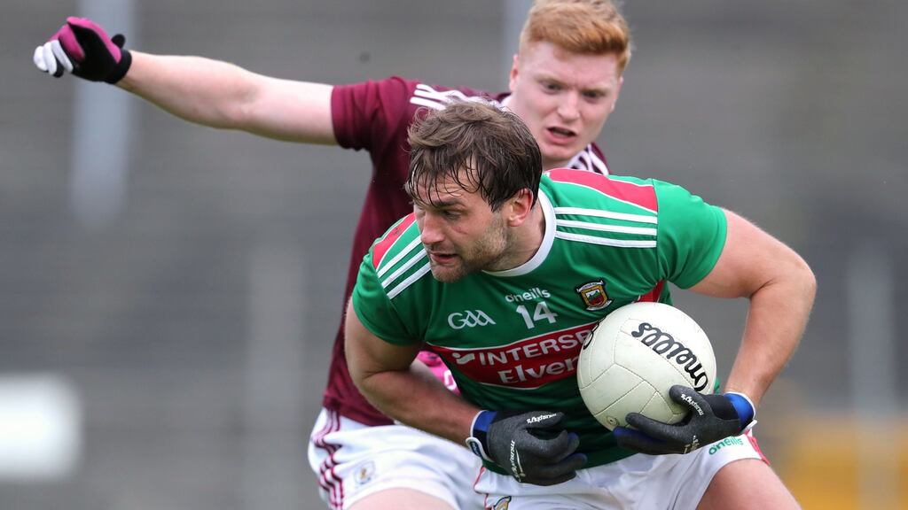Aidan O’Shea on the ball during Mayo’s thrashing of Galway. Photograph: Bryan Keane/Inpho