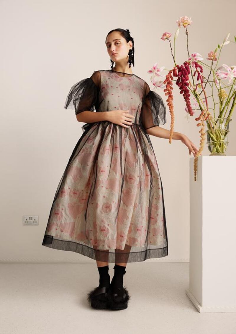 Pink print dress, €199, overlaid with tulle dress, €179.