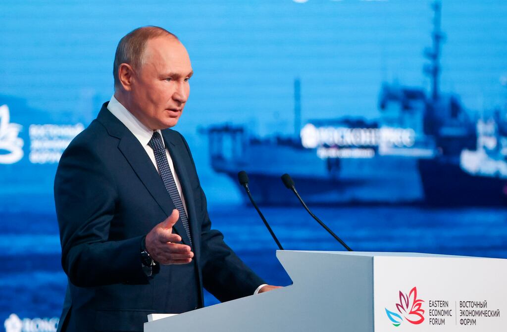 Russian president Vladimir Putin delivers a speech at the Eastern Economic Forum in Vladivostok. Photograph: Stanislav Krasilnikov/TASS News Agency/AP