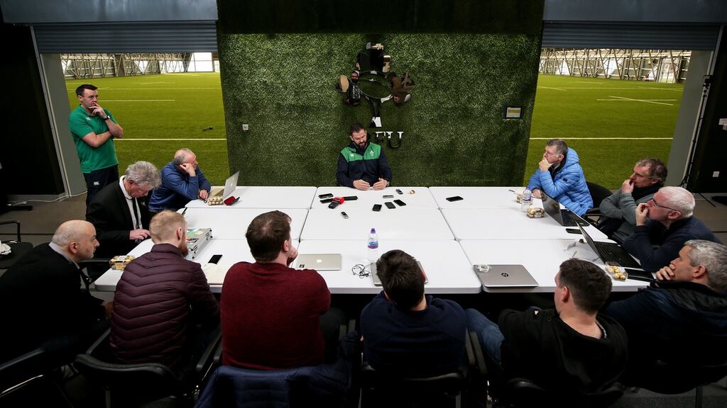 Ireland head coach Andy Farrell addressing the assembled media at the National Sports Campus, Abbotstown, Dublin. Photograph: Laszlo Geczo