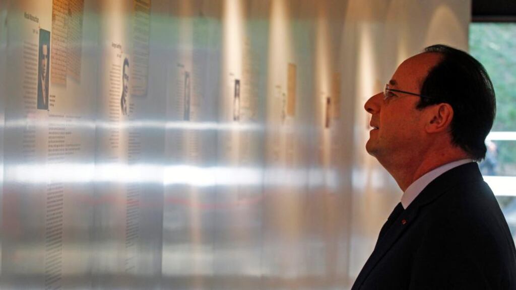 France’s president Francois Hollande visits the Museum of Resistance at Mont Valérien in Suresnes, west of Paris, on Friday, where he announced the future “pantheonisation” of four Resistance heroes. Photograph: Remy de la Mauviniere/EPA