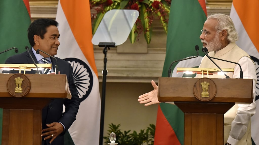 Indian PM Narendra Modi and Abdulla Yameen Abdul Gayoom, president of the Republic of Maldives. Photograph: Mohd Zakir/Hindustan Times via Getty Images)