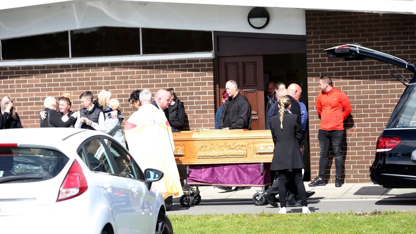 The remains of Lisa Thompson were taken from from the Church of the Holy Spirit Ballymun Dublin after her funeral mass on Monday. Photograph: Gareth Chaney/Collins Photos