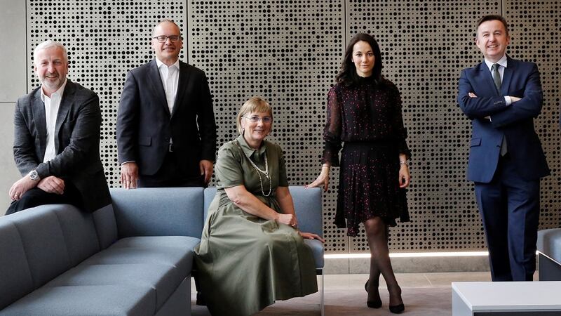Pictured at the launch of the awards are judging panel members (L-R): Joe Duffy, Chair, Executive Board, Financial Services Ireland; David Dalton, Head of Financial Services, Deloitte Ireland; Julie Sinnamon, CEO, Enterprise Ireland; Mai Santamaria, Head of the Financial Advisory Team, Department of Finance, and Brian Hayes, CEO, Banking & Payments Federation Ireland.