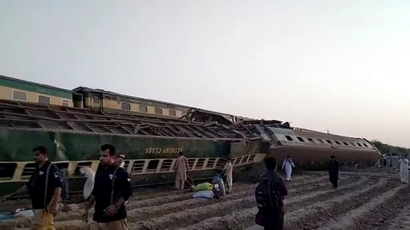 A video still shows the aftermath of a train crash in southern Pakistan. Photograph: AP