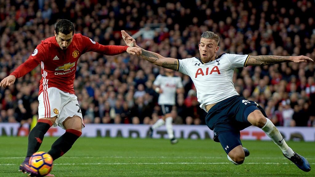 Manchester United’s Henrikh Mkhitaryan scores in the Premier League game against Tottenham Hotspur at Old Trafford. Photograph: Peter Powell/EPA