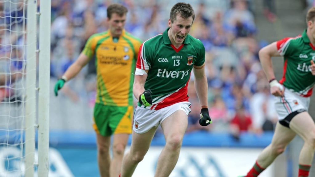 Mayo’s Cillian O’Connor celebrates scoring his second goal. Photograph: Morgan Treacy/Inpho