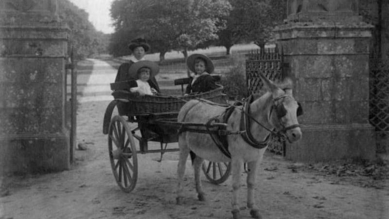 The Chavasse family with donkey and trap at the entrance to Whitfield Court, Kilmeaden. Photograph: Waterford County Museum
