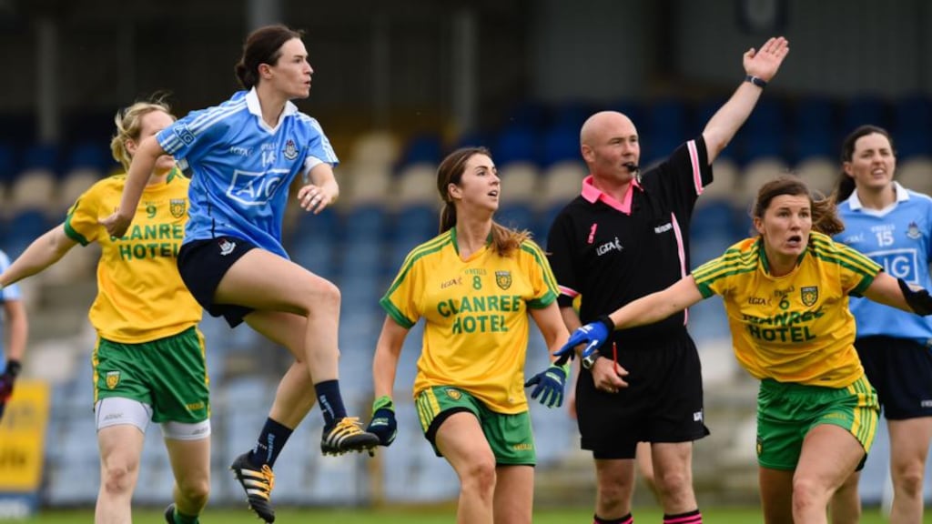Sinead Aherne of Dublin watches the ball go over the bar during the TG4 Ladies Senior All-Ireland Football Championship quarter-final at Pearse Park in Longford. Photograph: Tom Beary/Inpho