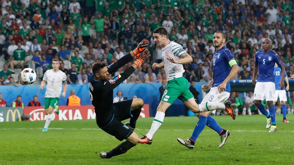 Robbie Brady scores for the Republic of Ireland against Italy at Euro 2016. It was selected by the FAI as Ireland’s goal of the year. Photograph: Reuters.