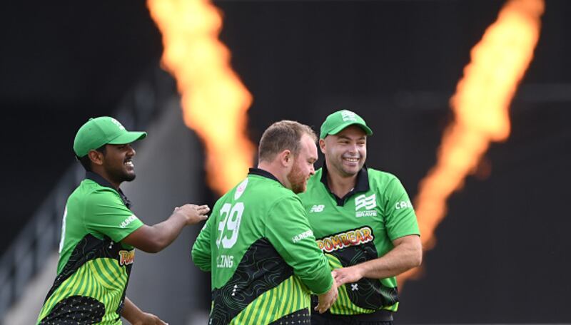 Paul Stirling (centre) picked up useful wickets at a low economy for the Southern Brave. Photograph: Stu Forster/Getty Images