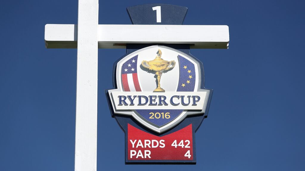 The first hole marker at Hazeltine National Golf Club in Chaska, Minnesota, USA. Photograph: PA