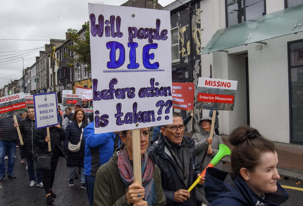 Residents of east Cork marched to highlight their frustration at the lack of action taken to strengthen the area's flood defences. Photograph: Darragh Mac Sweeney/Provision