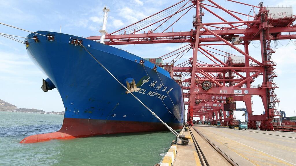 Trade tensions: A container ship is seen docked at a port in Lianyungang, Jiangsu province, in China. Photograph: Reuters
